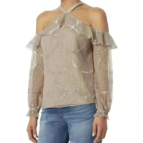 NWT Alexis Kylie Lace Cold Shoulder Top in Blush Nude Metallic - Picture 1 of 11
